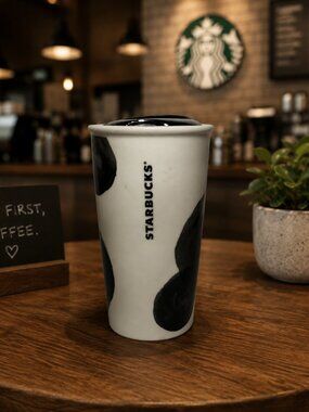 New Starbucks Ceramic 10oz Tumbler White w/ Black Dots 2014 Chrome Lid